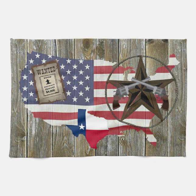 Texas Lone Star Duelling Pistols Most Wanted Sign Tea Towel (Horizontal)