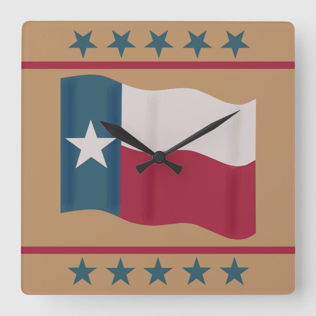 Texas Lone Star Flag Red White Blue Tan Stars Square Wall Clock (Front)