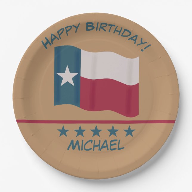 Texas Lone Star Flag Tan Name Personalise Birthday Paper Plate (Front)