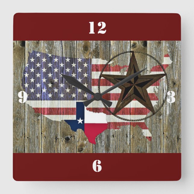 Texas Lone Star State Flag Map Square Wall Clock (Front)