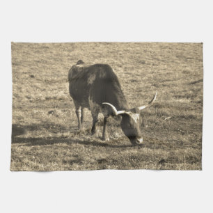 Texas Longhorn Cattle Cow  Photo Rustic Tea Towel