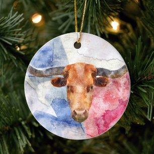 Texas Longhorn Cow and Flag Watercolor Print Art Ceramic Tree Decoration