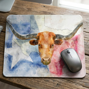 Texas Longhorn Cow and Flag Watercolor Print Art Mouse Mat