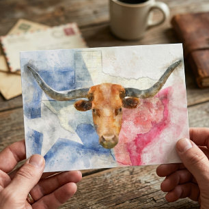 Texas Longhorn Cow and Flag Watercolor Print Art Postcard