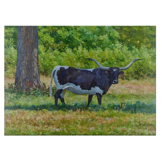 Texas Longhorn Cow Art Glass Cutting Board (Front)