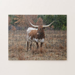 Texas Longhorn Cow in Fall Meadow Farm Style Art Jigsaw Puzzle