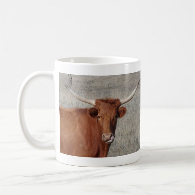 Texas Longhorn Cow Licking Her Nose Coffee Mug (Left)