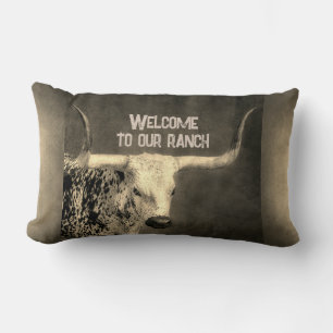 Texas Longhorn cow sepia distressed add your text  Lumbar Cushion
