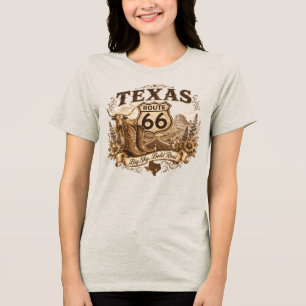 Texas Longhorn Cowboy Boots Route 66 Retro Sepia Tri-Blend Shirt