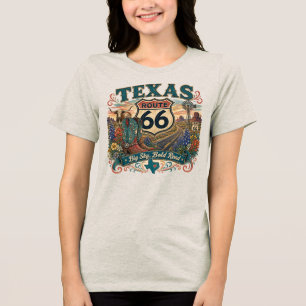 Texas Longhorn Floral Cowboy Boots Route 66 Retro Tri-Blend Shirt
