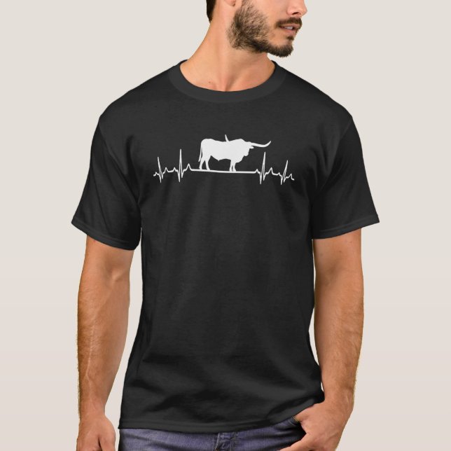 Texas Longhorn Rancher Heartbeat Pulse ECG Cattle  T-Shirt (Front)