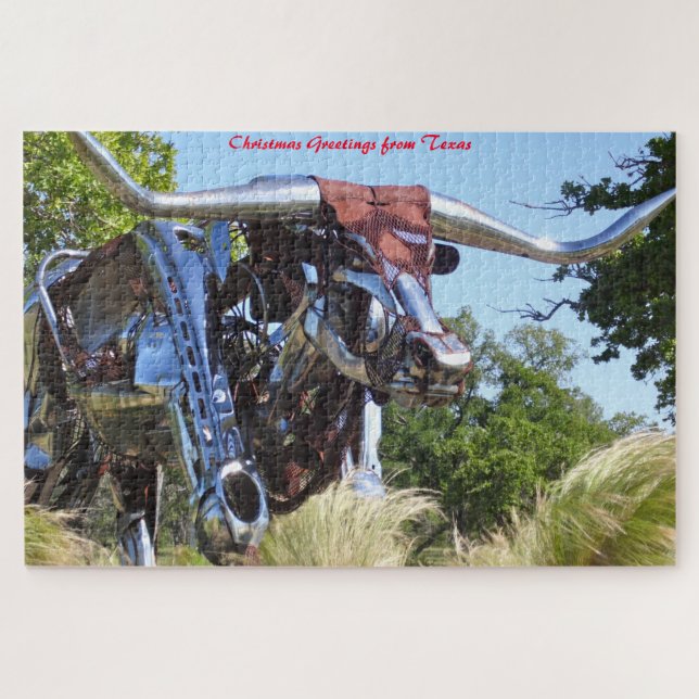 Texas Longhorn Sculpture .Christmas Greetings Jigsaw Puzzle (Horizontal)