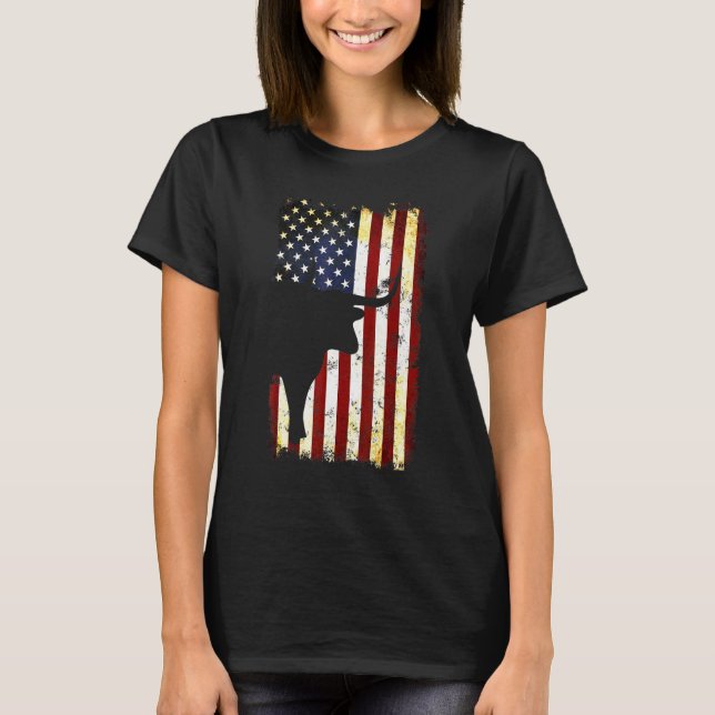 Texas Longhorn Silhouette American Flag 4th Of Jul T-Shirt (Front)
