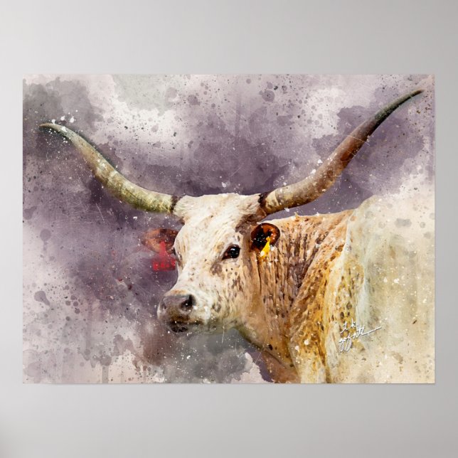 Texas Longhorn Watercolor Fine Art Photography Poster (Front)