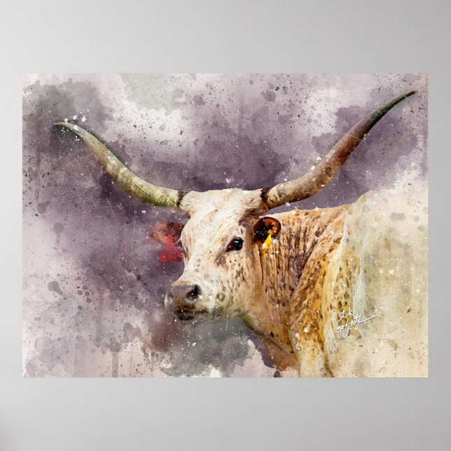 Texas Longhorn Watercolor Photo Fine Art Abstract Poster (Front)