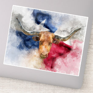 Texas Longhorn Watercolor with Flag Map Art