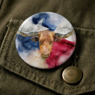 Texas Longhorn Watercolor with Flag Map Art 6 Cm Round Badge