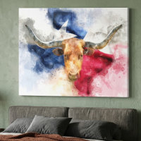 Texas Longhorn Watercolor with Flag Map Art