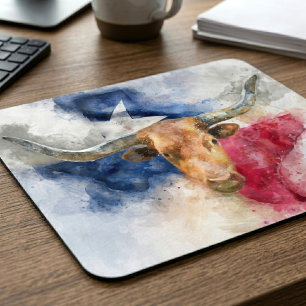Texas Longhorn Watercolor with Flag Map Art Mouse Mat