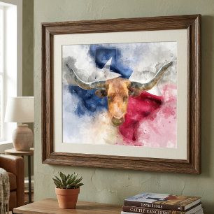 Texas Longhorn Watercolor with Flag Map Art Photo Print