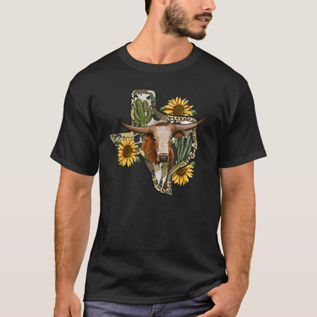 Texas Map Leopard Sunflower Western Texas Cow Long T-Shirt (Front)