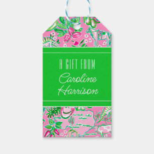 Texas Map Pink & Green Preppy Pattern Gift Tags