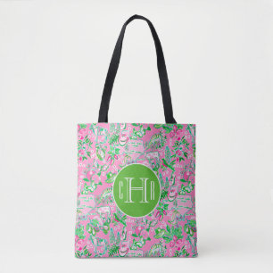 Texas Map Pink & Green Preppy Pattern Monogram Tote Bag
