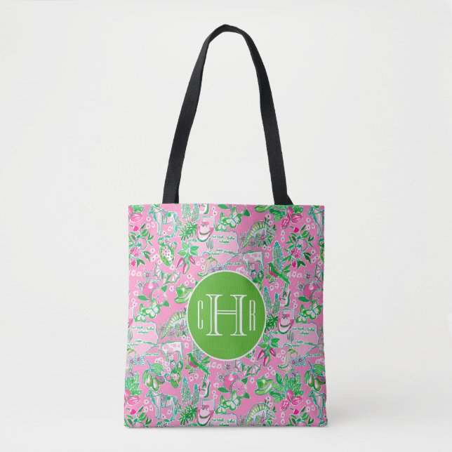 Texas Map Pink & Green Preppy Pattern Monogram Tote Bag (Front)