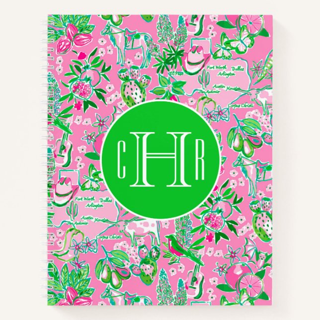 Texas Map Pink & Green Preppy Pattern Monogrammed Notebook (Front)
