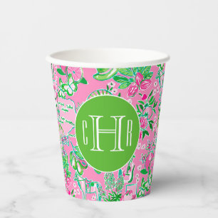 Texas Map Pink & Green Preppy Pattern Monogrammed Paper Cups