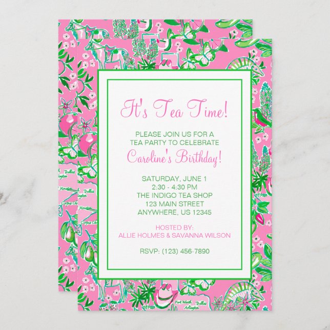 Texas Map Pink & Green Preppy Pattern Party Invitation (Front/Back)