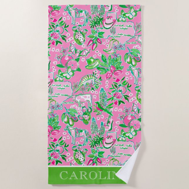Texas Map Pink & Green Preppy Pattern Personalised Beach Towel (Front)