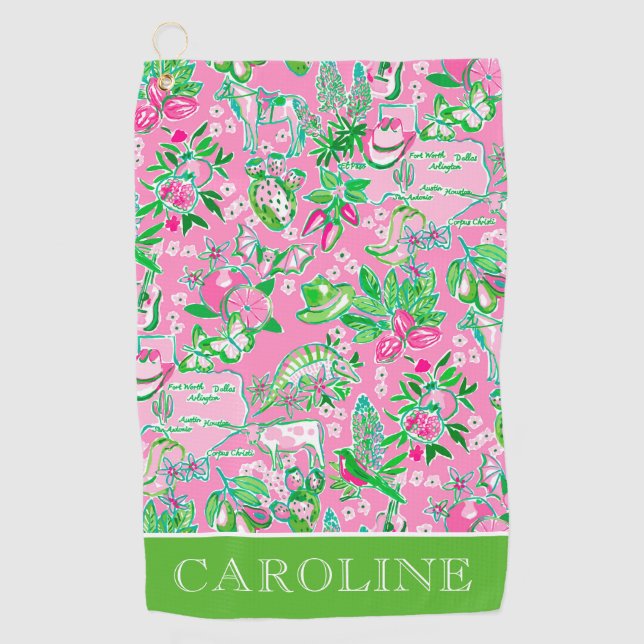 Texas Map Pink & Green Preppy Pattern Personalised Golf Towel (Front)