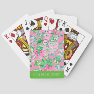 Texas Map Pink & Green Preppy Pattern Personalised Playing Cards