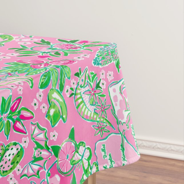 Texas Map Pink & Green Preppy Pattern Tablecloth (In Situ)