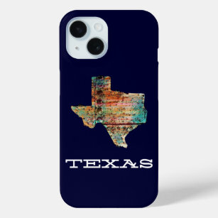 Texas Map Rustic Stained Wood Style on Blue iPhone 15 Case