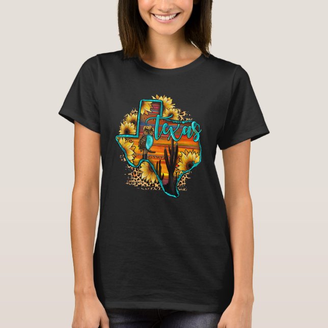 Texas Map Western Cowhide Leopard Sunset Gemstone  T-Shirt (Front)