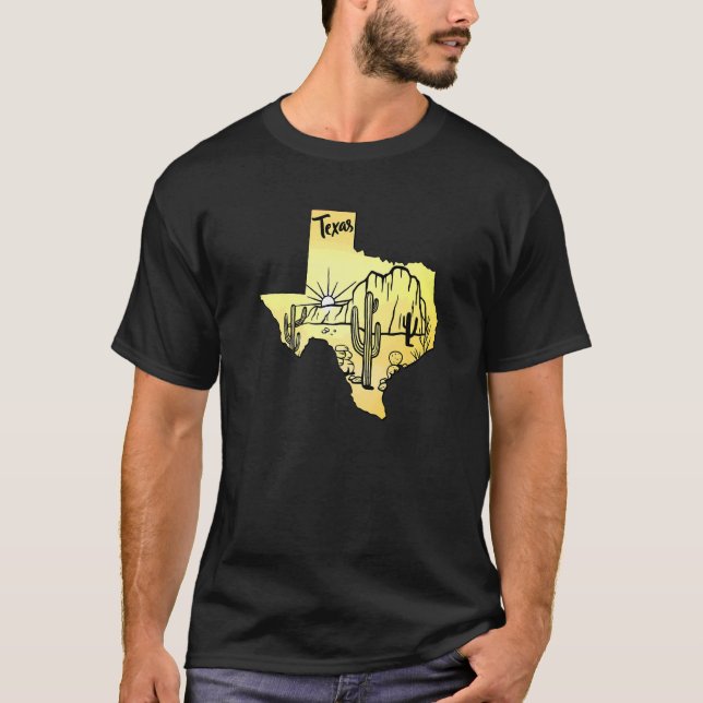 Texas Map Wild Desert Sunset Summer Hand Drawn Bla T-Shirt (Front)