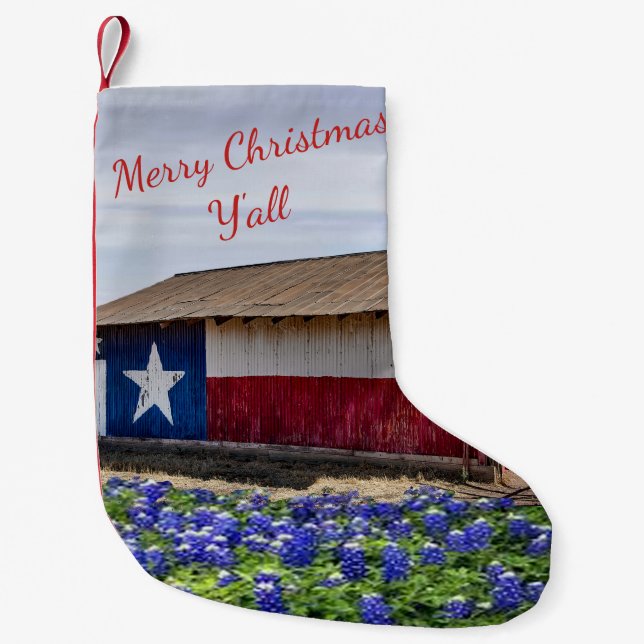 Texas Merry Christmas Y'all Barn And Bluebonnets Small Christmas Stocking (Front)