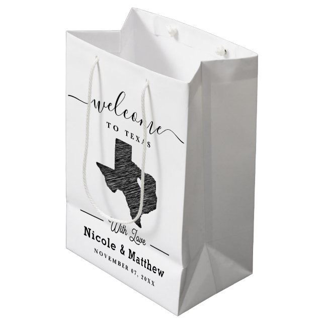 Texas Minimalist Texan Map Wedding Welcome Medium Gift Bag (Front Angled)