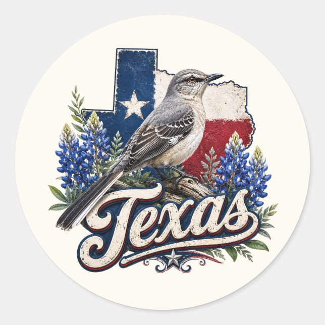 Texas Mockingbird With Bluebonnet Flowers Stickers (Front)