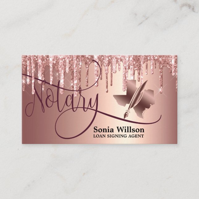 Texas Notary Loan Signing Agent Modern Rose Gold Business Card (Front)