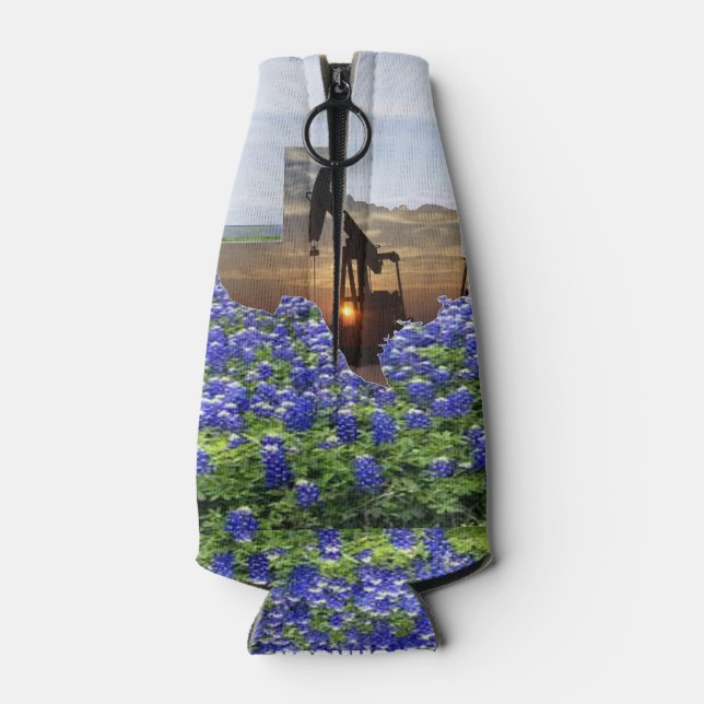 Texas Oil Pump Jack At Sunset On Bluebonnets Bottle Cooler (Back)