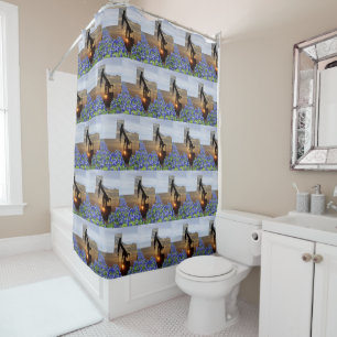 Texas Oil Pump Jack At Sunset On Bluebonnets Shower Curtain