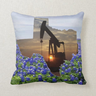 Texas Oil Pump Jack Sunset and Bluebonnets Cushion