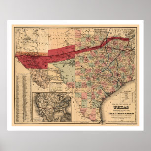 Texas & Pacific Railroad Map 1873 Poster