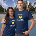 Texas Pickleball Add Club, Partner Name Custom T-Shirt<br><div class="desc">Show off your love of Texas pickleball with this awesome pickleball shirt for clubs, teams, partners or everyday court wear. Just add your 3 lines of custom text to make a totally unique pickleball shirt. Great for tournaments, matching club shirts or to give to your men's/women's or mixed partner. Spread...</div>