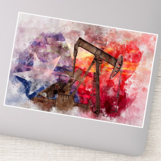 Texas Pumpjack Watercolor with Texas Flag Art (Texas Pumpjack Watercolor with Texas Flag Art. Sticker)