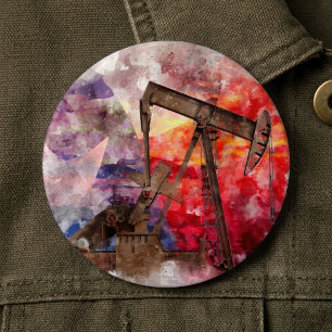 Texas Pumpjack Watercolor with Texas Flag Art 6 Cm Round Badge