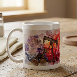 Texas Pumpjack Watercolor with Texas Flag Art Coffee Mug